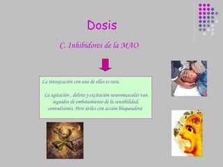 Dosis La intoxicación con uno de ellos es rara. La agitación , delirio y excitación neuromuscular van seguidos de embotamiento de la sensibilidad, convulsiones. Pero útiles con acción bloqueadora   C. Inhibidores de la MAO  
