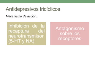 Antidepresivos tricíclicos
Mecanismo de acción:
Inhibición de la
recaptura del
neurotransmisor
(5-HT y NA)
Antagonismo
sobre los
receptores
 
