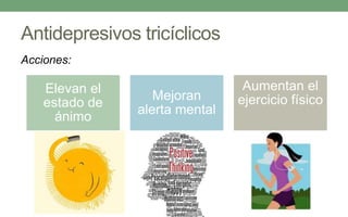 Antidepresivos tricíclicos
Acciones:
Elevan el
estado de
ánimo
Mejoran
alerta mental
Aumentan el
ejercicio físico
 
