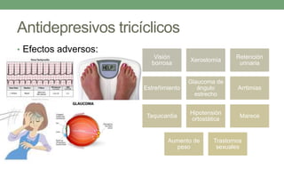 Antidepresivos tricíclicos
• Efectos adversos:
Visión
borrosa
Xerostomía
Retención
urinaria
Estreñimiento
Glaucoma de
ángulo
estrecho
Arrtimias
Taquicardia
Hipotensión
ortostática
Mareos
Aumento de
peso
Trastornos
sexuales
 