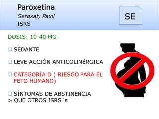 Paroxetina
Seroxat, Paxil
ISRS
SE
DOSIS: 10-40 MG
q SEDANTE
q LEVE ACCIÓN ANTICOLINÉRGICA
q CATEGORIA D ( RIESGO PARA EL
FETO HUMANO)
q SÍNTOMAS DE ABSTINENCIA
> QUE OTROS ISRS´s
 