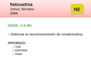 Reboxetina
Irenor, Norebox
ISRN
DOSIS: 2-8 MG
q Estimula la neurotransmisión de noradrenalina.
APROBADO:
q TDM
q DISTIMIA
q TDAH
NE
 