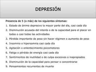 Presencia de 5 (o más) de los siguientes síntomas:
1.  Estado de ánimo depresivo la mayor parte del día, casi cada día
2.  Disminución acusada del interés o de la capacidad para el placer en
todas o casi todas las actividades
3.  Pérdida importante de peso sin hacer régimen o aumento de peso
4.  Insomnio o hipersomnia casi cada día
5.  Agitación o enlentecimiento psicomotores
6.  Fatiga o pérdida de energía casi cada día
7.  Sentimientos de inutilidad o de culpa excesivos o inapropiados
8.  Disminución de la capacidad para pensar o concentrarse
9.  Pensamientos recurrentes de muerte
DEPRESIÓN 
 