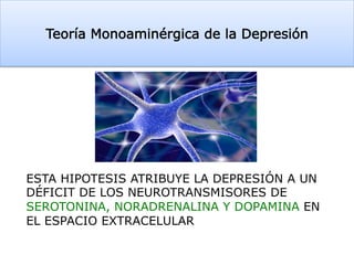 Teoría Monoaminérgica de la Depresión
ESTA HIPOTESIS ATRIBUYE LA DEPRESIÓN A UN
DÉFICIT DE LOS NEUROTRANSMISORES DE
SEROTONINA, NORADRENALINA Y DOPAMINA EN
EL ESPACIO EXTRACELULAR
 
