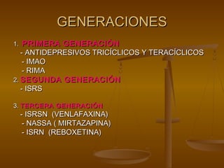 GENERACIONES
1. PRIMERA GENERACIÓN
   - ANTIDEPRESIVOS TRICÍCLICOS Y TERACÍCLICOS
    - IMAO
    - RIMA
2. SEGUNDA GENERACIÓN
   - ISRS

3. TERCERA GENERACIÓN
 - ISRSN (VENLAFAXINA)
  - NASSA ( MIRTAZAPINA)
  - ISRN (REBOXETINA)
 