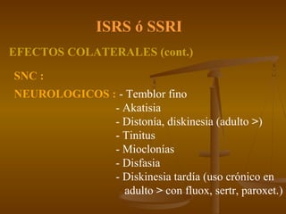 ISRS ó SSRI
EFECTOS COLATERALES (cont.)

SNC :
NEUROLOGICOS : - Temblor fino
              - Akatisia
              - Distonía, diskinesia (adulto >)
              - Tinitus
              - Mioclonías
              - Disfasia
              - Diskinesia tardía (uso crónico en
                 adulto > con fluox, sertr, paroxet.)
 