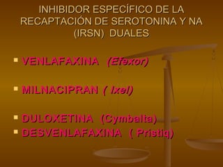 INHIBIDOR ESPECÍFICO DE LA
    RECAPTACIÓN DE SEROTONINA Y NA
              (IRSN) DUALES

   VENLAFAXINA (Efexor)

   MILNACIPRAN ( Ixel)

   DULOXETINA (Cymbalta)
   DESVENLAFAXINA ( Pristiq)
 
