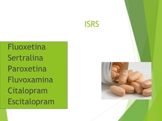 ISRS
Fluoxetina
Sertralina
Paroxetina
Fluvoxamina
Citalopram
Escitalopram
 