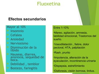 Fluoxetina
Mayor al 10%
 Insomnio
 Cefalea
 Ansiedad
 Nerviosismo
 Disminución de la
libido
 Nauseas, diarrea,
anorexia, sequedad de
boca.
 Debilidad , temblor
 Bostezo, faringitis
Efectos secundarios
Entre 1-10%
•Mareo, agitación, amnesia,
labilidad emocional, Trastornos del
sueño.
•Vasodilatación , fiebre, dolor
pectoral, HTA, palpitación
•Rash, prurito
•Impotencia, alteración de la
eyaculación, incontinencia urinaria
•Dispepsia, estreñimiento
•Diaforesis, visión borrosa, tinitus.
 