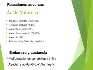 Ácido Valproico
 Náuseas, vómitos , diarreas.
 Temblor postural (9,3%).
 Aumento de peso (7%).
 Aumento de amonio (20-50%).
 Alopecia (8%).
 Pancreatitis y Toxicidad hepática.
Reacciones adversas
Embarazo y Lactancia
 Malformaciones congénitas (11%).
 Asociar a ácido fólico+Vitamina K
 