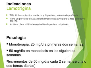 Lamotrigina
 TAB: Útil en episodios maníacos y depresivos, además de profilaxis.
 Tiene un perfil de eficacia relativamente exclusivo para la fase depresiva
del TAB.
 No tiene clara utilidad en episodios depresivos unipolares.
Posología
 Monoterapia: 25 mg/día primeras dos semanas.
 50 mg/día en monodosis en las siguientes
semanas.
Incrementos de 50 mg/día cada 2 semanas(una o
dos tomas diarias)
Indicaciones
 