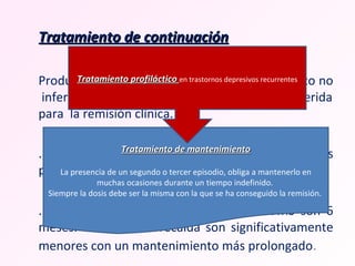 Tratamiento de continuación Producida la mejoría, la duración del tratamiento no  inferior a 9-12 meses con la misma dosis requerida para  la remisión clínica. . Si se abandona el tratamiento la recaída es probable en este período.  . Mínimo tiempo recomendado por la OMS son 6 meses. Las tasas de recaída son significativamente menores con un mantenimiento más prolongado . Tratamiento de mantenimiento La presencia de un segundo o tercer episodio, obliga a mantenerlo en muchas ocasiones durante un tiempo indefinido.  Siempre la dosis debe ser la misma con la que se ha conseguido la remisión.  Tratamiento profiláctico  en trastornos depresivos recurrentes 