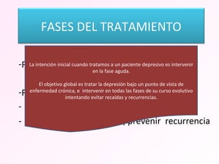 Fase aguda  Fase de continuación, prevenir la recaída -  Fase de mantenimiento, prevenir  recurrencia   La intención inicial cuando tratamos a un paciente depresivo es intervenir en la fase aguda. El objetivo global es tratar la depresión bajo un punto de vista de enfermedad crónica, e  intervenir en todas las fases de su curso evolutivo intentando evitar recaídas y recurrencias. FASES DEL TRATAMIENTO 