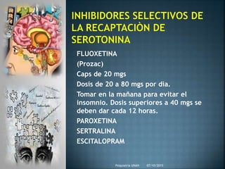 FLUOXETINA
(Prozac)
Caps de 20 mgs
Dosis de 20 a 80 mgs por dìa.
Tomar en la mañana para evitar el
insomnio. Dosis superiores a 40 mgs se
deben dar cada 12 horas.
PAROXETINA
SERTRALINA
ESCITALOPRAM
07/10/2015Psiquiatria UNAH
 