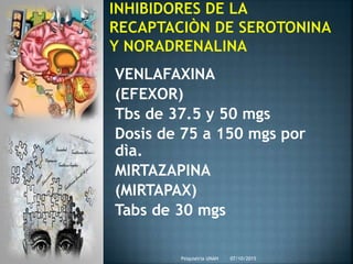 VENLAFAXINA
(EFEXOR)
Tbs de 37.5 y 50 mgs
Dosis de 75 a 150 mgs por
dìa.
MIRTAZAPINA
(MIRTAPAX)
Tabs de 30 mgs
07/10/2015Psiquiatria UNAH
 