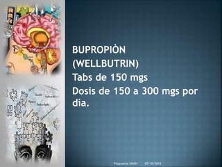 BUPROPIÒN
(WELLBUTRIN)
Tabs de 150 mgs
Dosis de 150 a 300 mgs por
dìa.
07/10/2015Psiquiatria UNAH
 