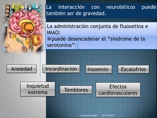 07/10/2015Psiquiatria UNAH
La interacción con neuroléticos puede
también ser de gravedad.
La administración conjunta de fluoxetina e
IMAO:
puede desencadenar el “sindrome de la
serotonina”:
Ansiedad
Inquietud
extrema Temblores
EscalofriosIncordinacion Insomnio
Efectos
cardiovasculares
 