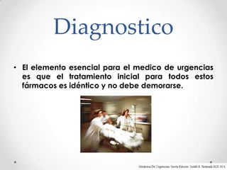 Diagnostico
• El elemento esencial para el medico de urgencias
  es que el tratamiento inicial para todos estos
  fármacos es idéntico y no debe demorarse.
 