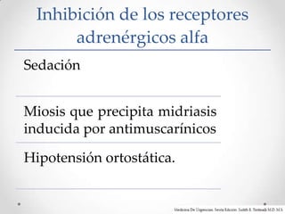 Inhibición de los receptores
       adrenérgicos alfa
Sedación


Miosis que precipita midriasis
inducida por antimuscarínicos

Hipotensión ortostática.
 