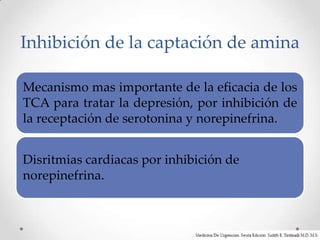 Inhibición de la captación de amina

Mecanismo mas importante de la eficacia de los
TCA para tratar la depresión, por inhibición de
la receptación de serotonina y norepinefrina.


Disritmias cardiacas por inhibición de
norepinefrina.
 