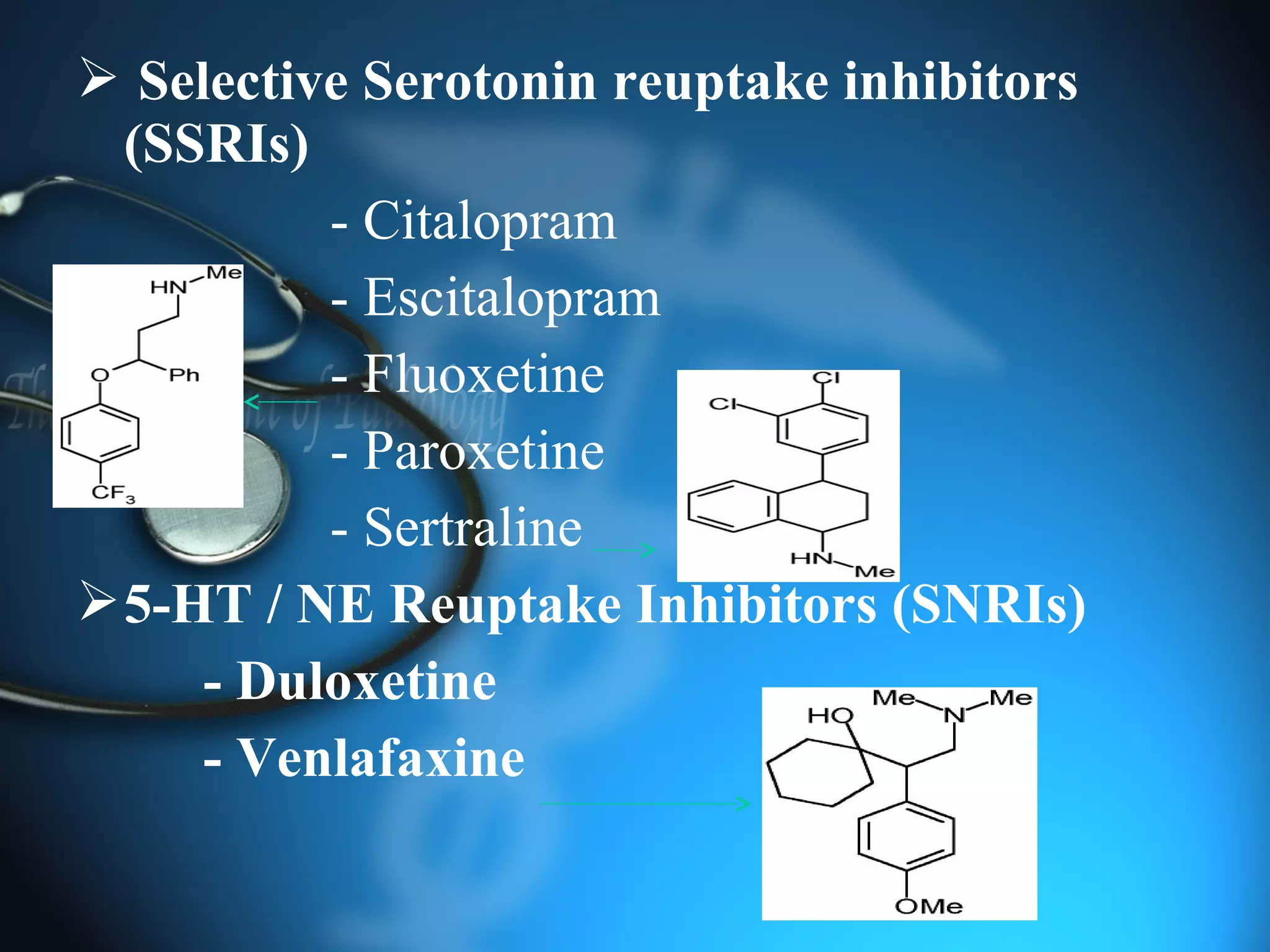  Selective Serotonin reuptake inhibitors
(SSRIs)
- Citalopram
- Escitalopram
- Fluoxetine
- Paroxetine
- Sertraline
5-HT / NE Reuptake Inhibitors (SNRIs)
- Duloxetine
- Venlafaxine
 