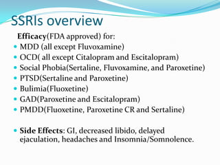 SSRIs overview
 Efficacy(FDA approved) for:
 MDD (all except Fluvoxamine)
 OCD( all except Citalopram and Escitalopram)
 Social Phobia(Sertaline, Fluvoxamine, and Paroxetine)
 PTSD(Sertaline and Paroxetine)
 Bulimia(Fluoxetine)
 GAD(Paroxetine and Escitalopram)
 PMDD(Fluoxetine, Paroxetine CR and Sertaline)

 Side Effects: GI, decreased libido, delayed
 ejaculation, headaches and Insomnia/Somnolence.
 