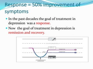 Response = 50% improvement of
symptoms
 In the past decades the goal of treatment in
  depression was a response.
 Now the goal of treatment in depression is
  remission and recovery.
 