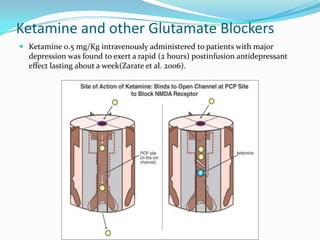 Ketamine and other Glutamate Blockers
 Ketamine 0.5 mg/Kg intravenously administered to patients with major
  depression was found to exert a rapid (2 hours) postinfusion antidepressant
  effect lasting about a week(Zarate et al. 2006).
 