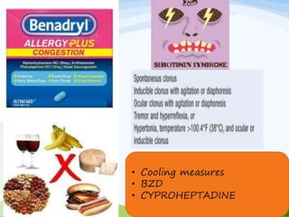 • M - Acetylation.
• T1/2 – 24 hrs
• Effects – 2 weeks
USES
• Depression
unresponsive/
allergic to TCA
• Selegiline-
transdermal patch
ADVERSE EFFECTS
• Hypertensive crisis
• Hepatotoxicity.
• Sexual disturbances
• Weight gain • Cooling measures
• BZD
• CYPROHEPTADINE
 