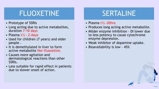 FLUOXETINE
• Prototype of SSRIs
• Long acting due to active metabolites,
duration 7-10 days
• Plasma t½ - 2 days
• Used for children (7 years) and older
people .
• It is demethylated in liver to form
active metabolite Nor-fluoxetine.
• Causes more agitation and
dermatological reactions than other
SSRIs.
• Less suitable for rapid effect in patients
due to slower onset of action.
SERTALINE
• Plasma t½ -26hrs
• Produces long acting active metabolite.
• Milder enzyme inhibition – DI lower due
to less potency to cause cytochrome
enzyme depression.
• Weak inhibitor of dopamine uptake.
• Bioavailability is low – 45%
 