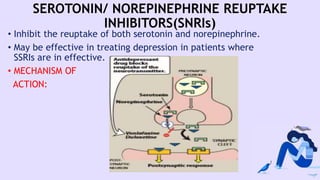 SEROTONIN/ NOREPINEPHRINE REUPTAKE
INHIBITORS(SNRIs)
• Inhibit the reuptake of both serotonin and norepinephrine.
• May be effective in treating depression in patients where
SSRIs are in effective.
• MECHANISM OF
ACTION:
 