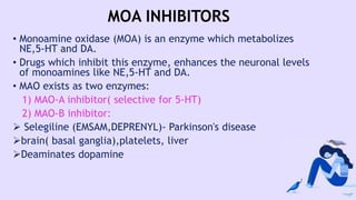 MOA INHIBITORS
• Monoamine oxidase (MOA) is an enzyme which metabolizes
NE,5-HT and DA.
• Drugs which inhibit this enzyme, enhances the neuronal levels
of monoamines like NE,5-HT and DA.
• MAO exists as two enzymes:
1) MAO-A inhibitor( selective for 5-HT)
2) MAO-B inhibitor:
 Selegiline (EMSAM,DEPRENYL)- Parkinson's disease
brain( basal ganglia),platelets, liver
Deaminates dopamine
 