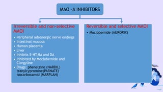 Irreversible and non-selective
MAOI
• Peripheral adrenergic nerve endings
• Intestinal mucosa
• Human placenta
• Liver
• Inhibits 5-HT,NA and DA
• Inhibited by Moclobemide and
Clorgyline
• Drugs: phenelzine (NARDIL)
tranylcypromine(PARNATE)
isocarboxamid (MARPLAN)
Reversible and selective MAOI
• Moclobemide (AURORIX)
MAO –A INHIBITORS
 