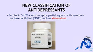 NEW CLASSIFICATION OF
ANTIDEPRESSANTS
• Serotonin 5-HT1A auto receptor partial agonist with serotonin
reuptake inhibition (SPARI) such as Vinlazodone.
 
