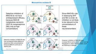 However, inhibition of MAO-B does
increase DA to some extent, which can be
therapeutic in other disease states, such
as Parkinson’s disease.
Fazia Ruth
Pfau Medical
College
Department of Pharmacology 22
Monoamine oxidase B
Selective inhibitors of
MAO-B do not have
antidepressant efficacy,
because MAO-B
metabolizes serotonin
(5HT) & norepinephrine
(NE) only at high
concentrations
Since MAO-B’s role
in destroying 5HT
and NE is small, its
inhibition is not likely
to be relevant to the
concentrations of
these
neurotransmitters
Selective inhibition of MAO-B also
has somewhat limited effects on
dopamine (DA) concentrations,
because MAO-A continues to
destroy DA.
 