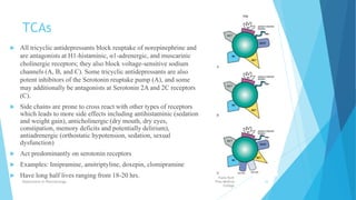TCAs
 All tricyclic antidepressants block reuptake of norepinephrine and
are antagonists at H1-histaminic, α1-adrenergic, and muscarinic
cholinergic receptors; they also block voltage-sensitive sodium
channels (A, B, and C). Some tricyclic antidepressants are also
potent inhibitors of the Serotonin reuptake pump (A), and some
may additionally be antagonists at Serotonin 2A and 2C receptors
(C).
 Side chains are prone to cross react with other types of receptors
which leads to more side effects including antihistaminic (sedation
and weight gain), anticholinergic (dry mouth, dry eyes,
constipation, memory deficits and potentially delirium),
antiadrenergic (orthostatic hypotension, sedation, sexual
dysfunction)
 Act predominantly on serotonin receptors
 Examples: Imipramine, amitriptyline, doxepin, clomipramine
 Have long half lives ranging from 18-20 hrs. Fazia Ruth
Pfau Medical
College
Department of Pharmacology 33
 