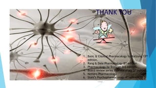 Take home points
 Be clear on the diagnosis you are treating
and any comorbid diagnoses when you are
selecting an agent to treat- often can get 2
birds with 1 stone!
 Select the agent based on patients history,
current symptom profile and the side effect
profile of the medication- there is no one
correct answer in most cases.
 Monitor for efficacy and tolerance and
adjust as indicated.
 If the patient does not improve step back,
rethink your diagnosis and treatment plan!
 Keep an eye on drug-drug interactions
Fazia Ruth
Pfau Medical
College
Department of Pharmacology 39
1. Basic & Clinical Pharmacology by Katzung 13th
edition.
2. Rang & Dale Pharmacology 8th edition.
3. Pharmacology by Brenner 3rd edition.
4. Board review series Pharmacology 5th edition.
5. Netters Pharmacology.
6. Stahl’s Psychopharmacology 4th edition.
 
