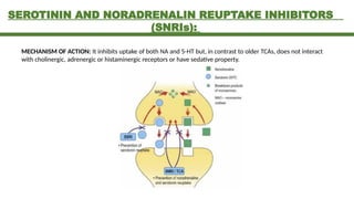 SEROTININ AND NORADRENALIN REUPTAKE INHIBITORS
(SNRIs):
MECHANISM OF ACTION: It inhibits uptake of both NA and 5-HT but, in contrast to older TCAs, does not interact
with cholinergic, adrenergic or histaminergic receptors or have sedative property.
 