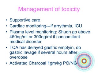 Management of toxicity Supportive care Cardiac monitoring---if arrythmia, ICU Plasma level monitoring: Shudn go above 450ng/ml or 300ng/ml if concomitant medical disorder TCA has delayed gastric emptyin, do gastric lavage if several hours after overdose Activated Charcoal 1gm/kg PO/NG 