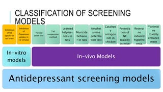 CLASSIFICATION OF SCREENING
MODELS
Antidepressant screening models
In-vitro
models
Inhibition
of NE
uptake in
rat brain
Inhibition
of
Dopamine
uptake in
rat striatal
In-vivo Models
Forced
swim test
Tail
suspension
method
Learned
helpless
ness in
rats
Muricide
behavio
r in rats
Amphet
amine
potentia
tion test
Cataleps
y
antagon
ism in
chicken
Potentia
tion of
NE
toxicity
in mice
Reserpi
ne
induced
hypothe
rmia.
Yohimbi
ne
toxicity
enhance
ment
 