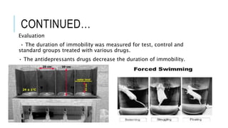 CONTINUED…
Evaluation
• The duration of immobility was measured for test, control and
standard groups treated with various drugs.
• The antidepressants drugs decrease the duration of immobility.
 