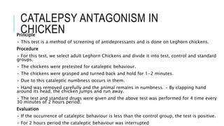 CATALEPSY ANTAGONISM IN
CHICKENPrinciple
• This test is a method of screening of antidepressants and is done on Leghorn chickens.
Procedure
• For this test, we select adult Leghorn Chickens and divide it into test, control and standard
groups.
• The chickens were pretested for cataleptic behaviour.
• The chickens were grasped and turned back and hold for 1-2 minutes.
• Due to this cataleptic numbness occurs in them.
• Hand was removed carefully and the animal remains in numbness. • By clapping hand
around its head, the chicken jumps and run away.
• The test and standard drugs were given and the above test was performed for 4 time every
30 minutes of 2 hours period.
Evaluation
• If the occurrence of cataleptic behaviour is less than the control group, the test is positive.
• For 2 hours period the cataleptic behaviour was interrupted
 