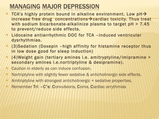 TCA’s highly protein bound in alkaline environment. Low pH   increase free drug  concentrations  cardiac toxicity. Thus treat with sodium bicarbonate-alkalinize plasma to target pH > 7.45 to prevent/reduce side effects. Lidocaine antiarrhythmic DOC for TCA –induced ventricular dysrhythmias. (3)Sedation (Doxepin –high affinity for histamine receptor thus in low dose good for sleep induction) (4)Weight gain (tertiary amines i.e. amitryptyline/imipramine > secondary amines i.e.nortriptyline & desipramine). Caution in elderly as can induce confusion. Nortriptyline with slightly fewer sedative & anticholinergic side effects. Amitriptyline with strongest anticholinergic + sedative properties. Remember  Tri –C’s :  C onvulsions,  C oma,  C ardiac arrythmias 