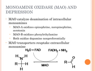 MONOAMINE OXIDASE (MAO) AND
DEPRESSION
• MAO catalyze deamination of intracellular
monoamines
• MAO-A oxidizes epinephrine, norepinephrine,
serotonin
• MAO-B oxidizes phenylethylamine
• Both oxidize dopamine nonpreferentially
• MAO transporters reuptake extracellular
monoamine
 