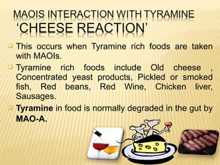  This occurs when Tyramine rich foods are taken
with MAOIs.
 Tyramine rich foods include Old cheese ,
Concentrated yeast products, Pickled or smoked
fish, Red beans, Red Wine, Chicken liver,
Sausages.
 Tyramine in food is normally degraded in the gut by
MAO-A.
 