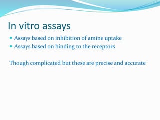 In vitro assays
 Assays based on inhibition of amine uptake
 Assays based on binding to the receptors
Though complicated but these are precise and accurate
 