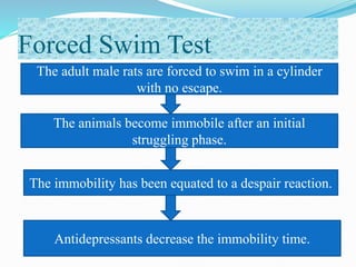 Forced Swim Test
The adult male rats are forced to swim in a cylinder
with no escape.
The animals become immobile after an initial
struggling phase.
The immobility has been equated to a despair reaction.
Antidepressants decrease the immobility time.
 