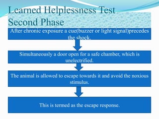 Learned Helplessness Test
Second Phase
After chronic exposure a cue(buzzer or light signal)precedes
the shock.
This is termed as the escape response.
Simultaneously a door open for a safe chamber, which is
unelectrified.
The animal is allowed to escape towards it and avoid the noxious
stimulus.
 