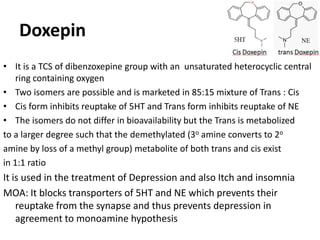 Doxepin
• It is a TCS of dibenzoxepine group with an unsaturated heterocyclic central
ring containing oxygen
• Two isomers are possible and is marketed in 85:15 mixture of Trans : Cis
• Cis form inhibits reuptake of 5HT and Trans form inhibits reuptake of NE
• The isomers do not differ in bioavailability but the Trans is metabolized
to a larger degree such that the demethylated (3o amine converts to 2o
amine by loss of a methyl group) metabolite of both trans and cis exist
in 1:1 ratio
It is used in the treatment of Depression and also Itch and insomnia
MOA: It blocks transporters of 5HT and NE which prevents their
reuptake from the synapse and thus prevents depression in
agreement to monoamine hypothesis
 