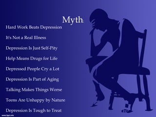 Myth:
Hard Work Beats Depression
It's Not a Real Illness
Depression Is Just Self-Pity
Help Means Drugs for Life
Depressed People Cry a Lot
Depression Is Part of Aging
Talking Makes Things Worse
Teens Are Unhappy by Nature
Depression Is Tough to Treat
 